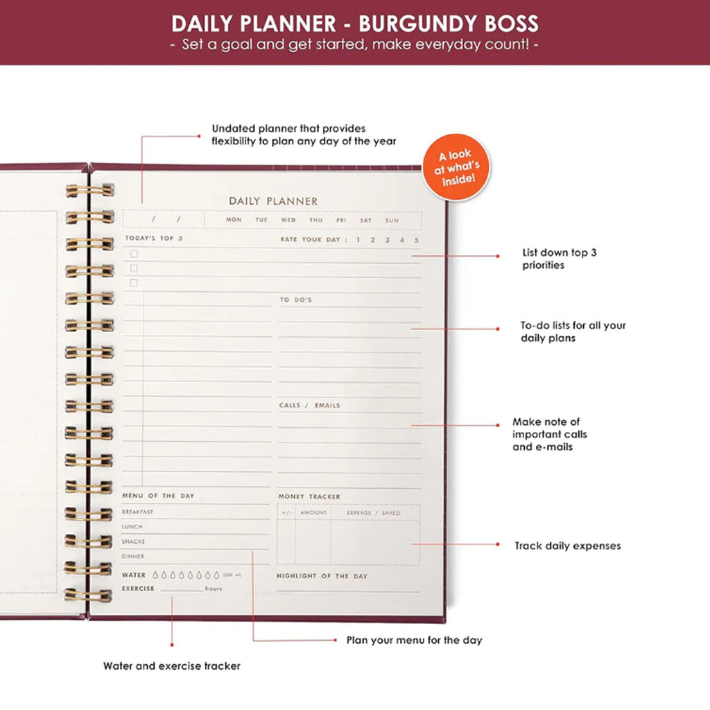 7mm Undated Daily Planner - Burgundy Boss