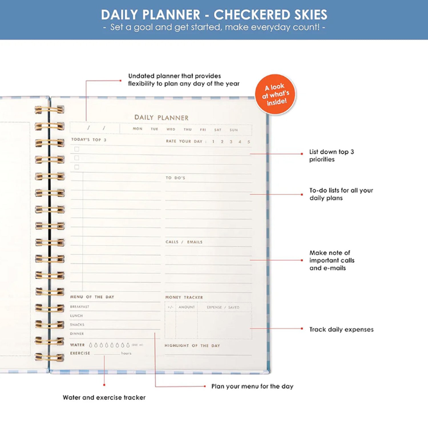 7mm Undated Daily Planner - Checkered Skies