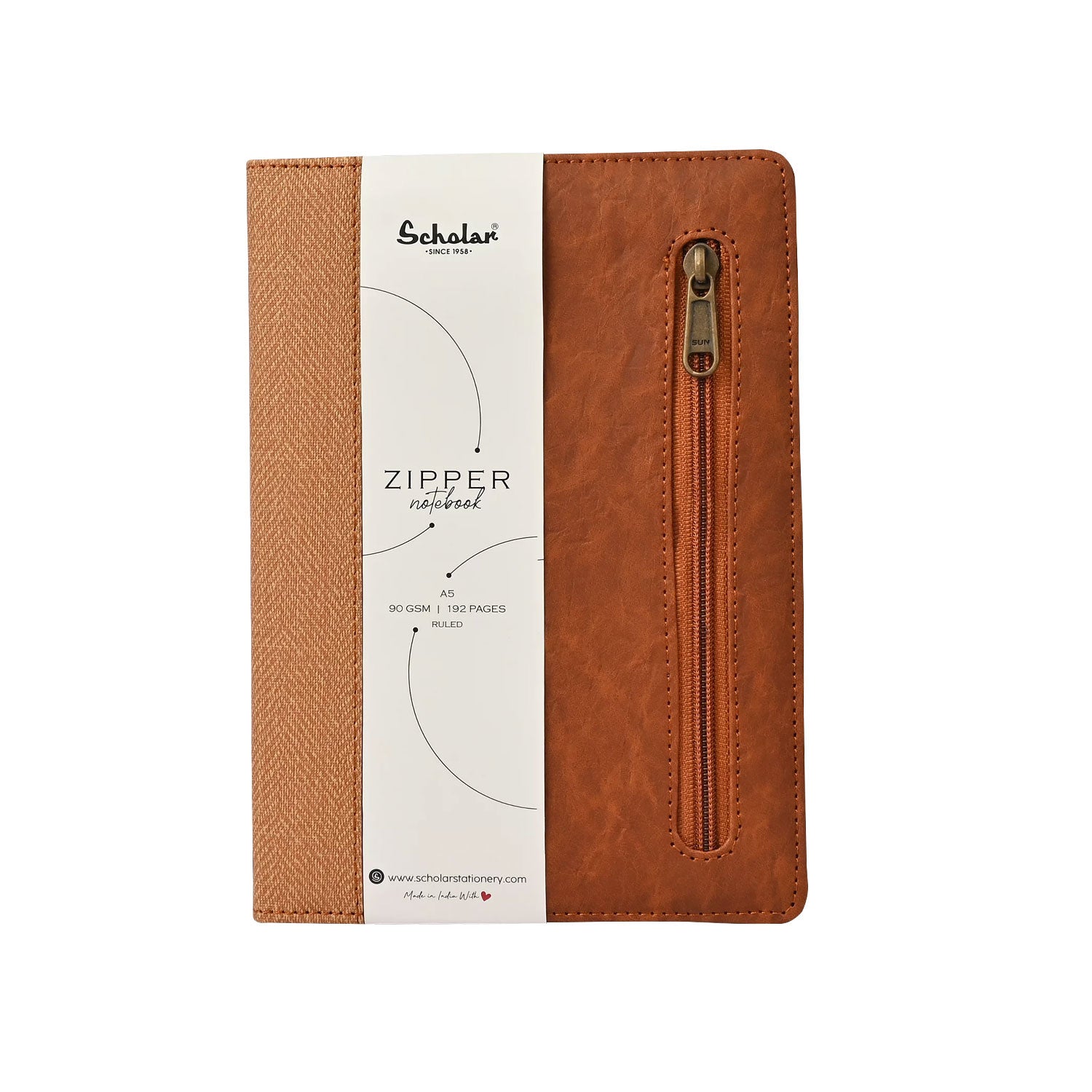 Scholar Zipper Tan Notebook - A5, Ruled