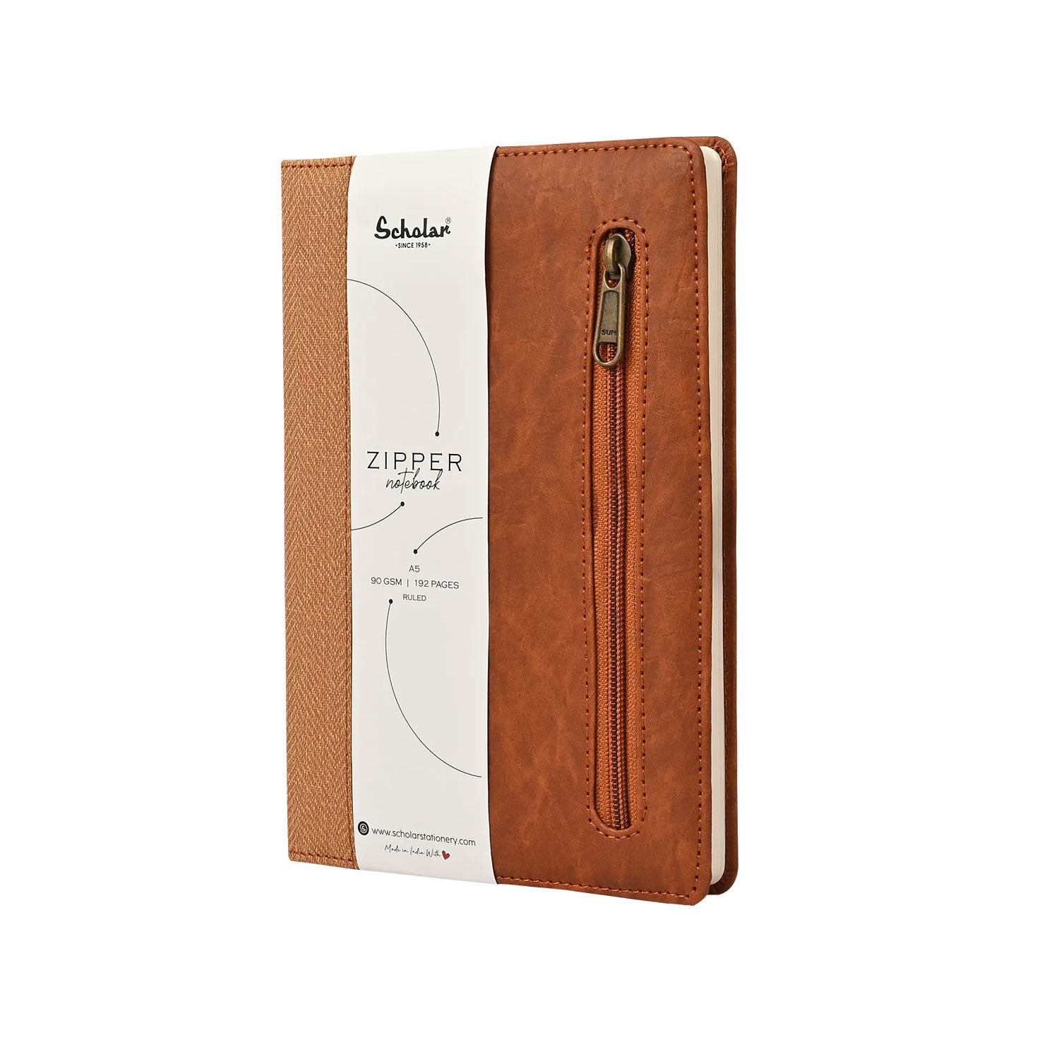 Scholar Zipper Tan Notebook - A5, Ruled