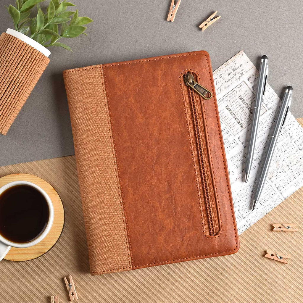 Scholar Zipper Tan Notebook - A5, Ruled