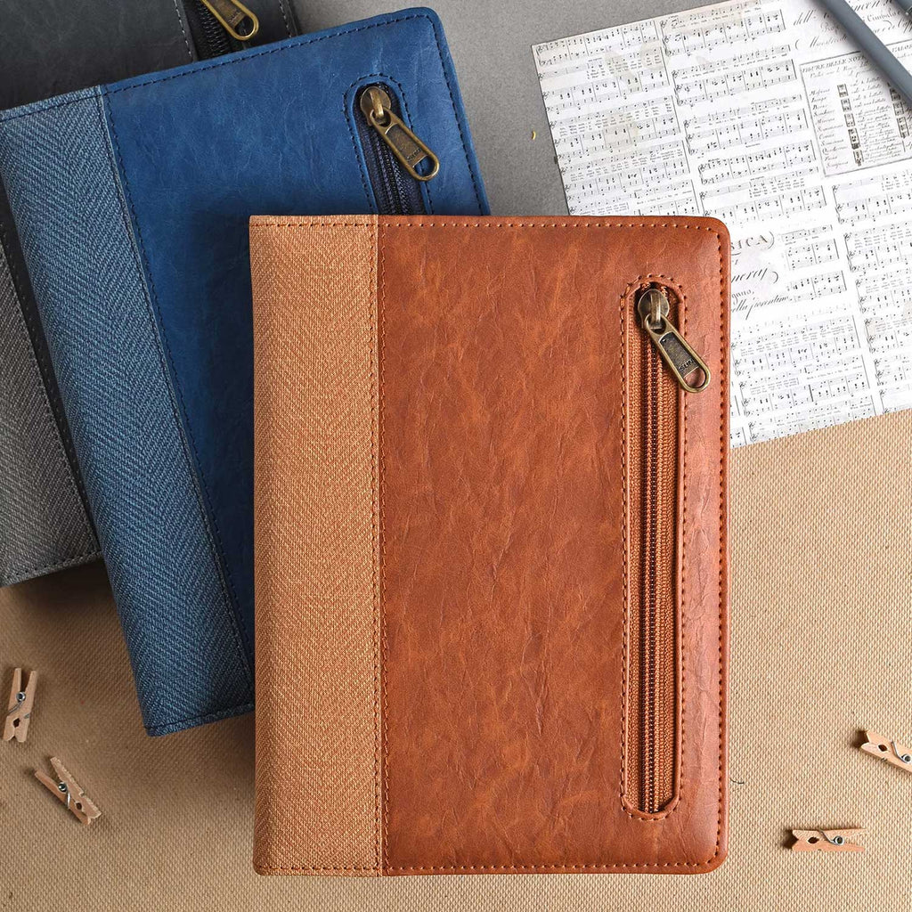Scholar Zipper Tan Notebook - A5, Ruled
